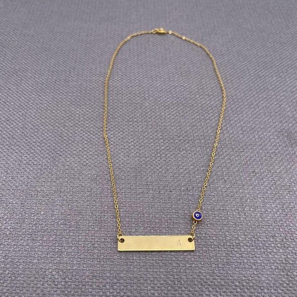 A Initial Horizon Bar Evil Eye Link Chain Necklace Gold Tone - Picture 2 of 6